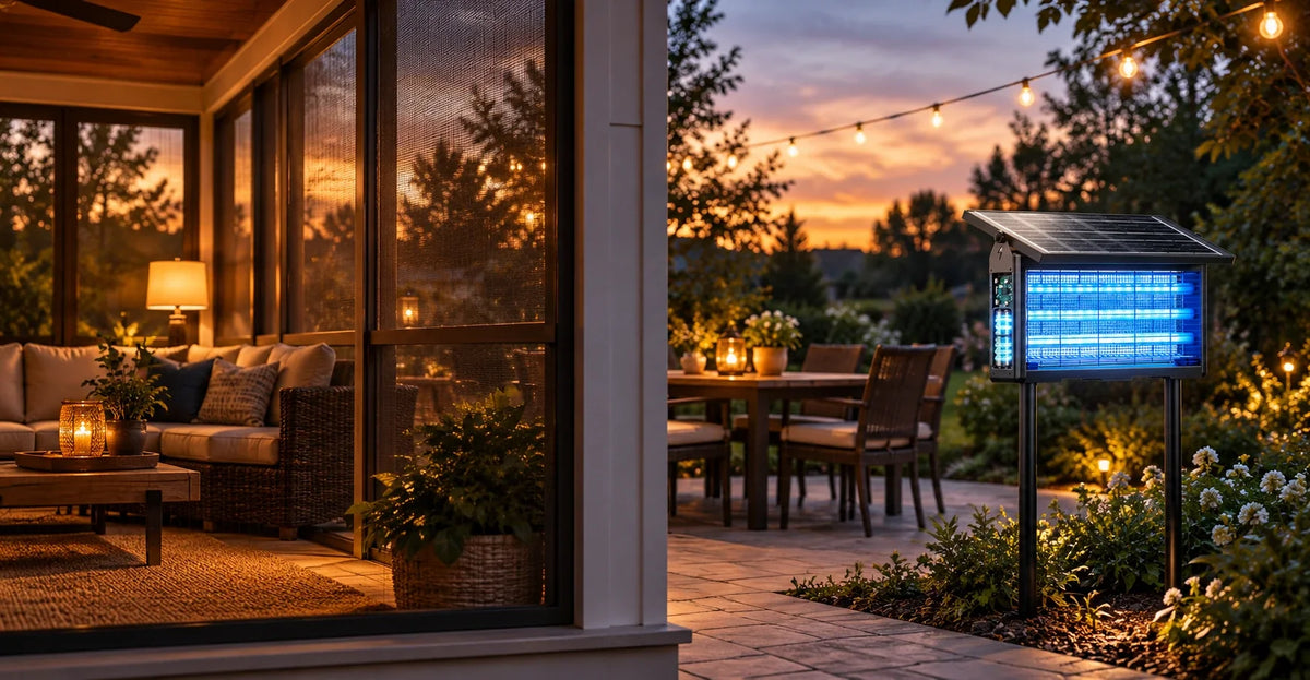 Split view comparing a screened porch and an open patio with a solar bug zapper