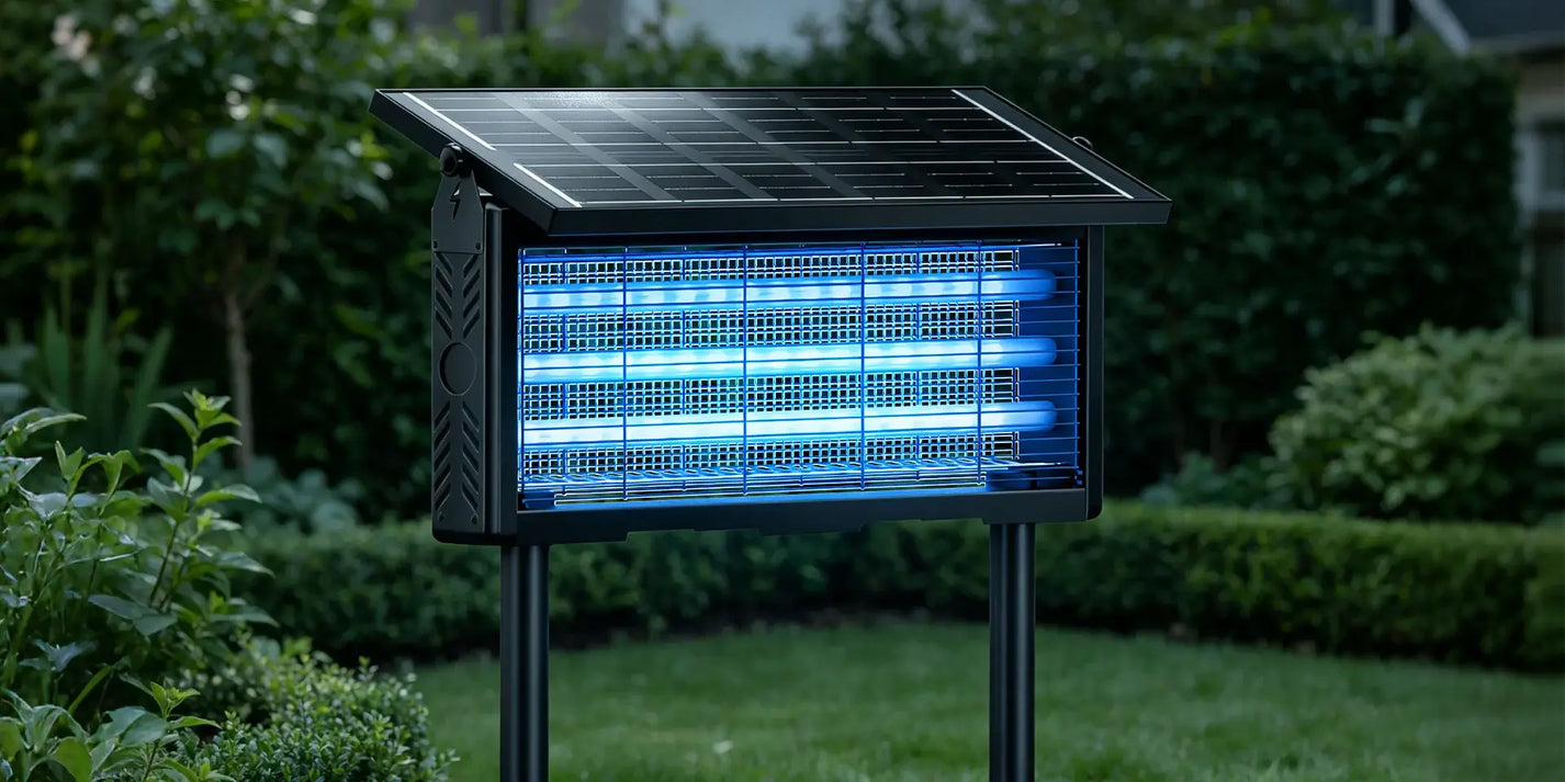 Solar-powered UV mosquito zapper glowing blue in garden setting, illustrating the device before routine cleaning