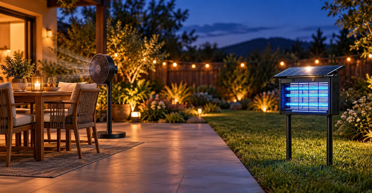 Solar bug zapper on the edge of a backyard patio, separate from a fan and dining table at dusk