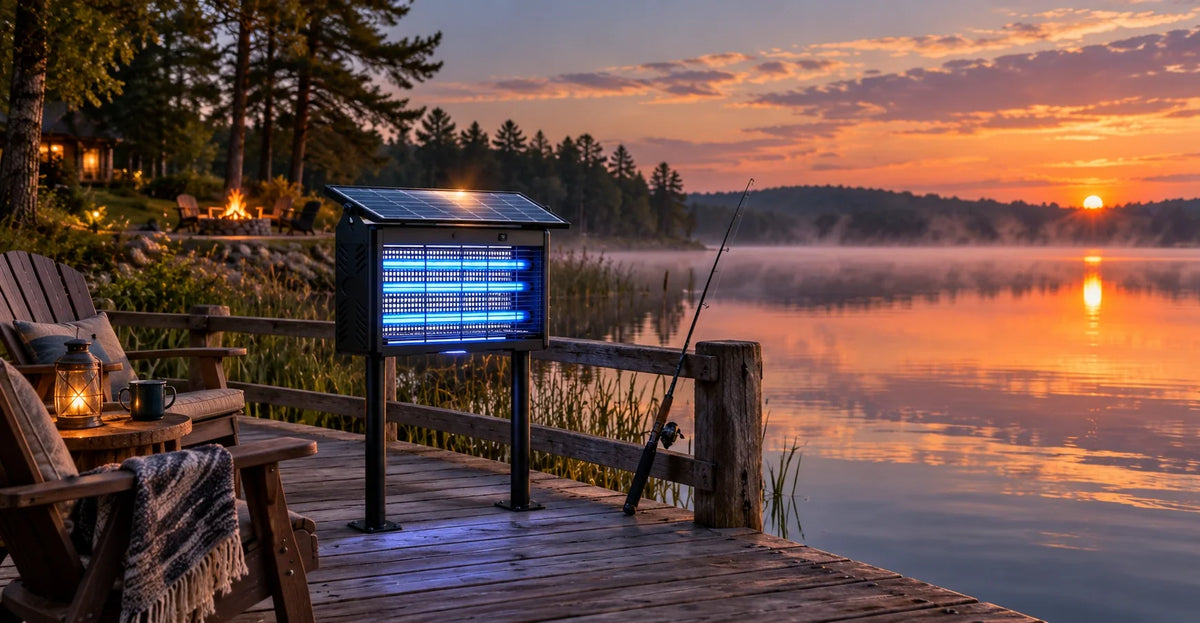 Solar bug zapper mounted on a lake dock beside chairs and a fishing rod at sunset