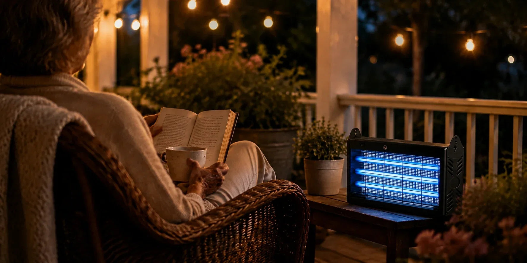 Outdoor mosquito protection setup for seniors enjoying a backyard evening.