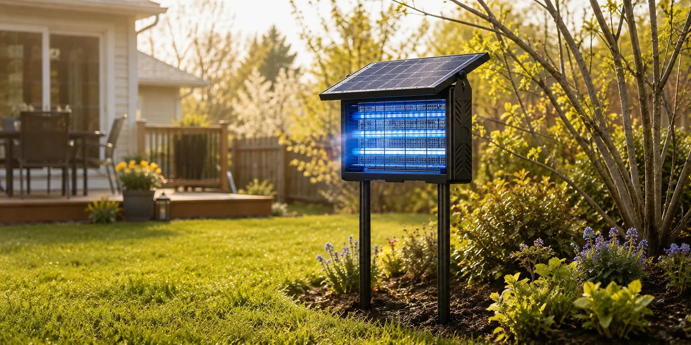 Solar mosquito trap in an early spring backyard with fresh grass and blooming plants.