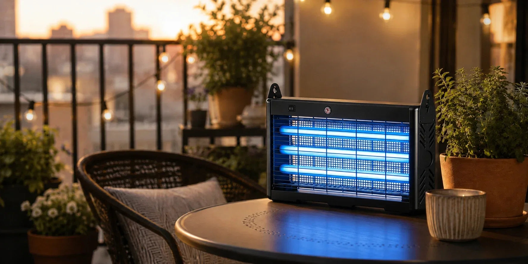 Mosquito zapper glowing on a balcony table during sunset.