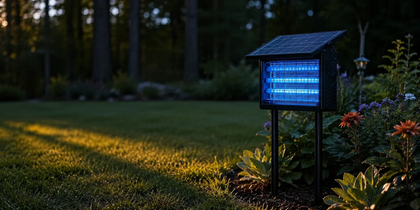 Solar mosquito zapper glowing in a backyard garden at dusk.