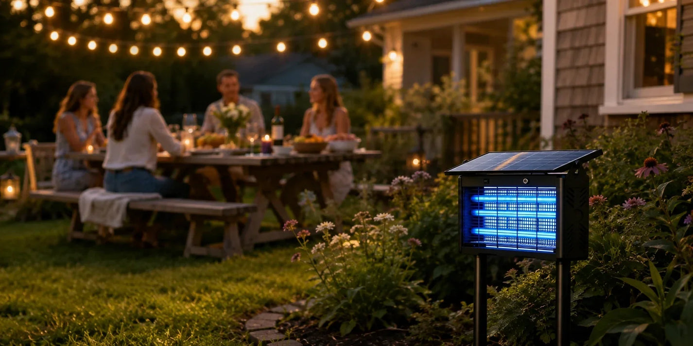 Solar mosquito zapper glowing in a backyard garden during an outdoor gathering.