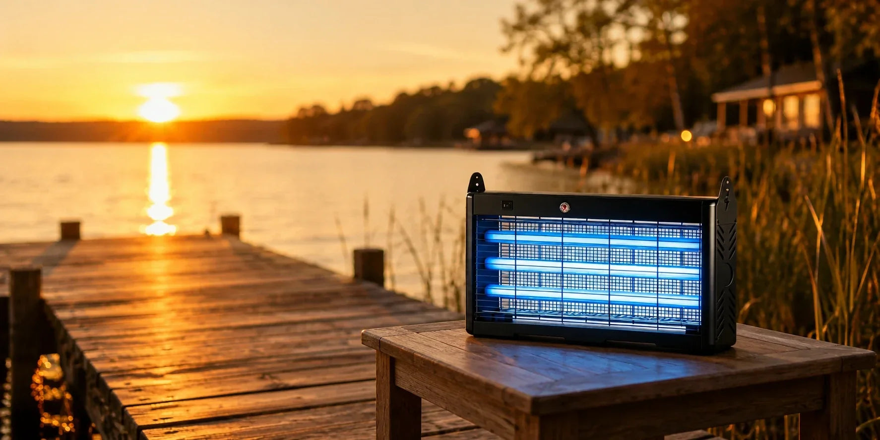 Mosquito zapper on a dock by the lake at sunset.