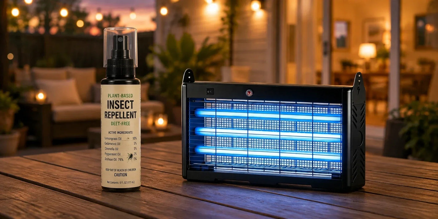 DEET insect repellent and UV mosquito zapper on an outdoor table at night.