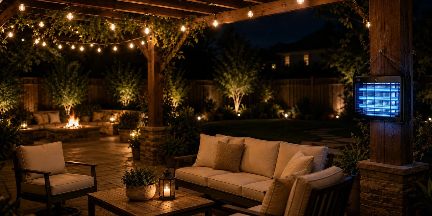 Murutoi solar bug zapper hanging in a backyard patio at dusk
