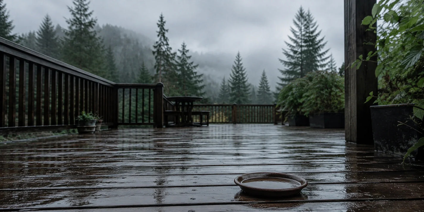 Rainy Pacific Northwest backyard deck with standing water collecting in a plant saucer