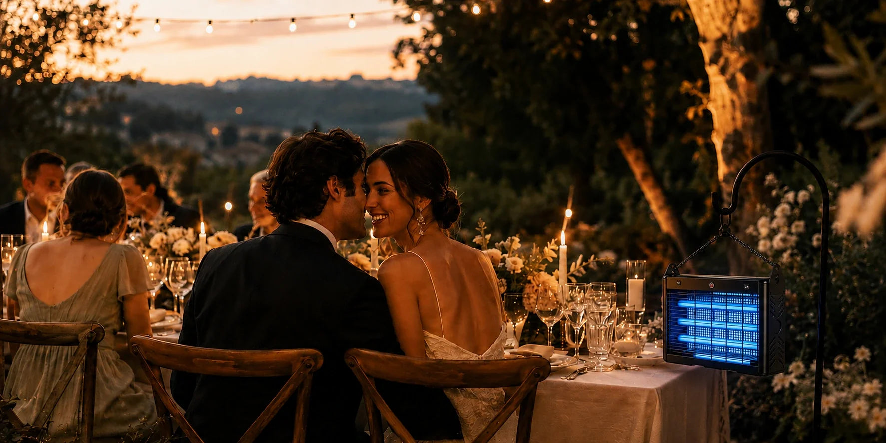 Outdoor wedding reception at dusk with string lights and a solar mosquito zapper in the background