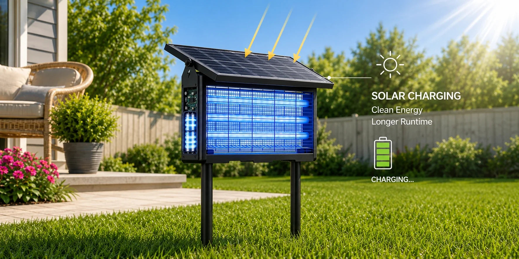 Solar bug zapper charging in direct sunlight in a backyard setting