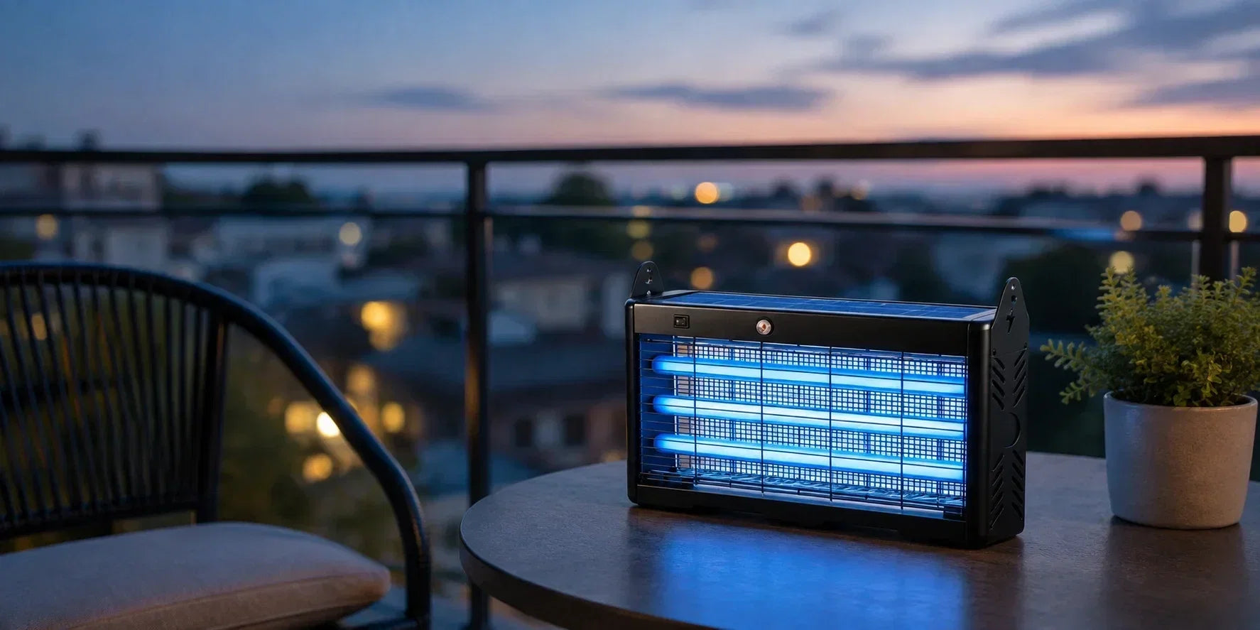 Bug zapper used on an apartment balcony for mosquito control. 原因: