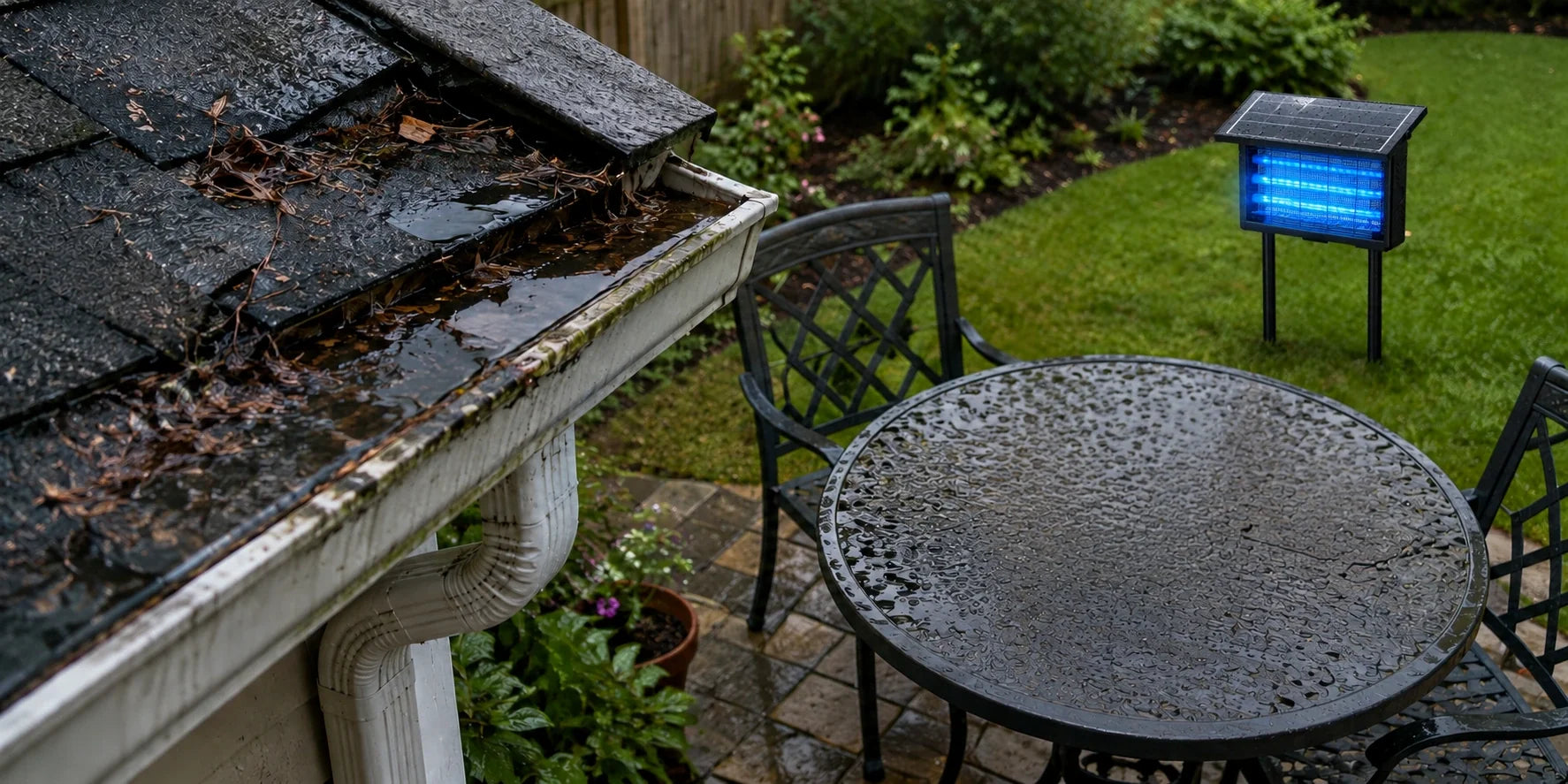Gulf Coast backyard mosquito control setup after heavy rain.