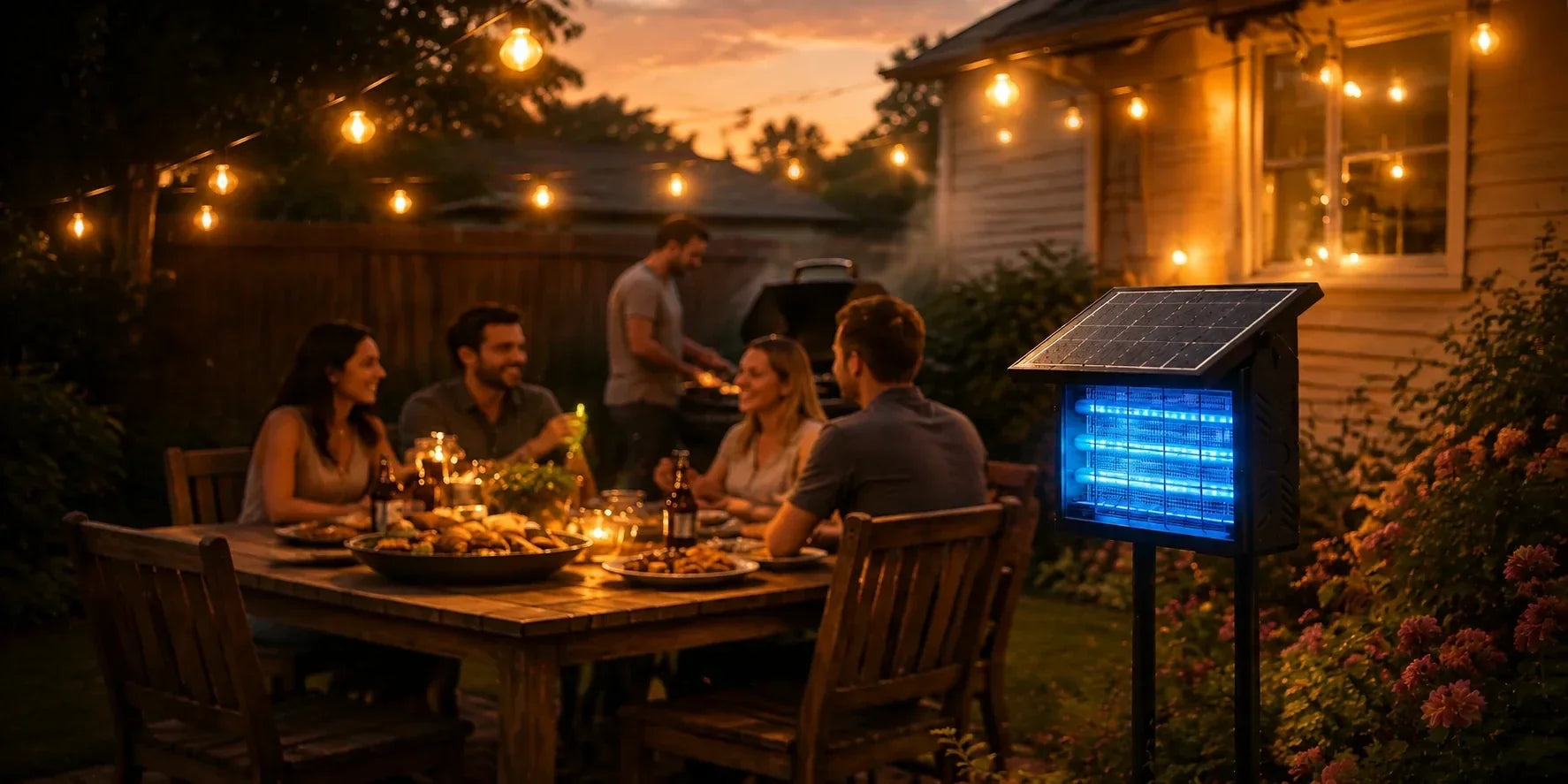 Backyard cookout setup with mosquito control for a comfortable outdoor gathering.