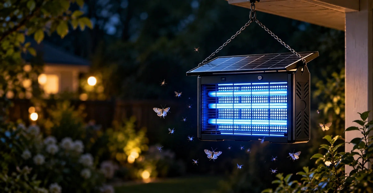 UV bug zapper glowing with moths flying around it at night