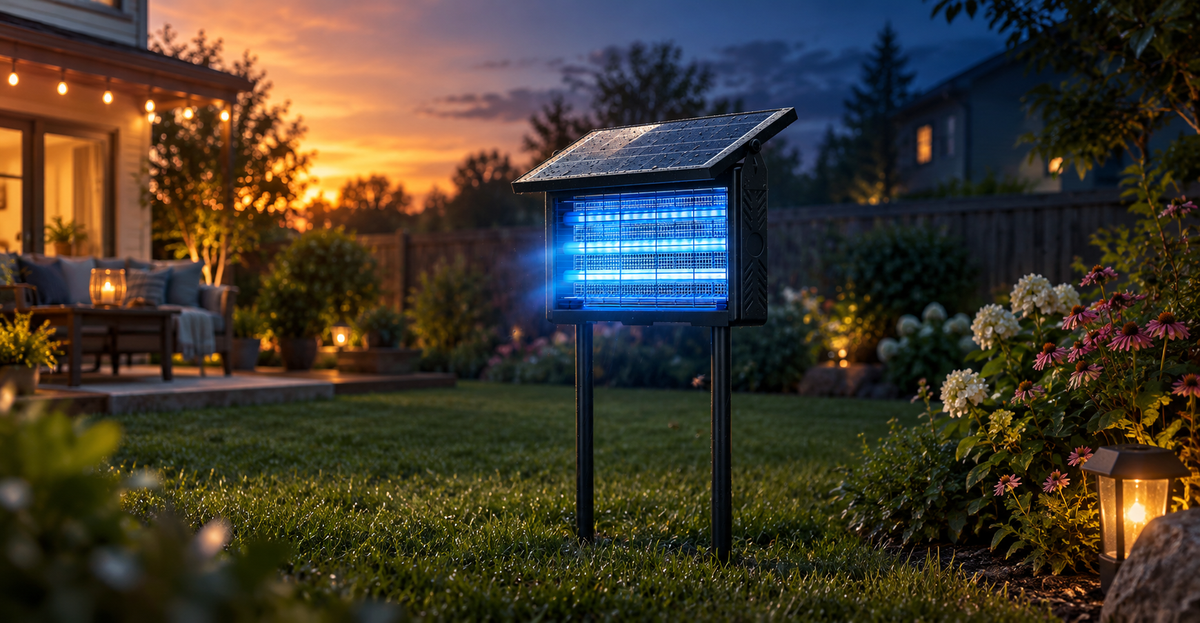 Solar bug zapper glowing as dusk turns to night in a backyard