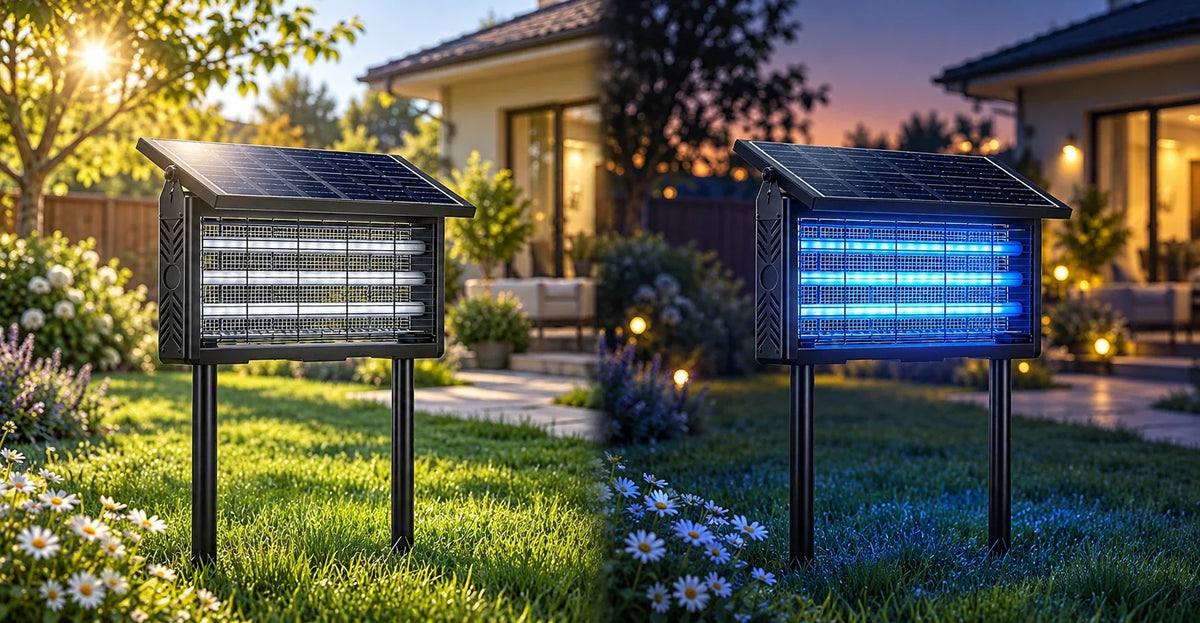 Murutoi solar bug zapper shown side by side in daylight solar charging mode and nighttime UV activation mode in a backyard, illustrating auto mode versus manual mode