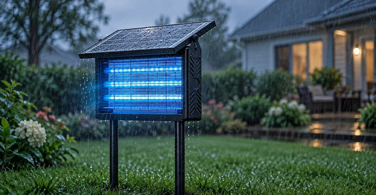 Murutoi solar bug zapper operating outdoors in light rain, with raindrops on the solar panel and UV tubes glowing