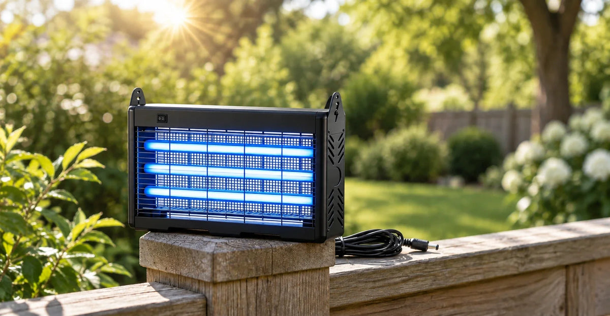 Solar bug zapper with DC charging cable outdoors