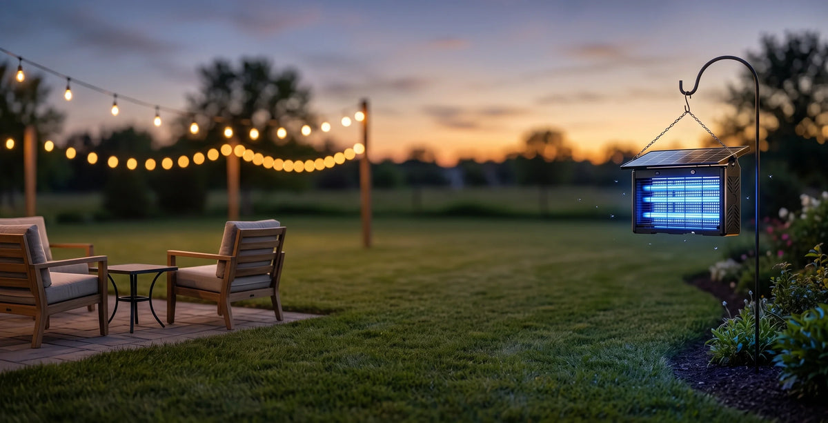 Solar bug zapper hanging in a backyard corner at dusk, positioned well away from an empty patio seating area