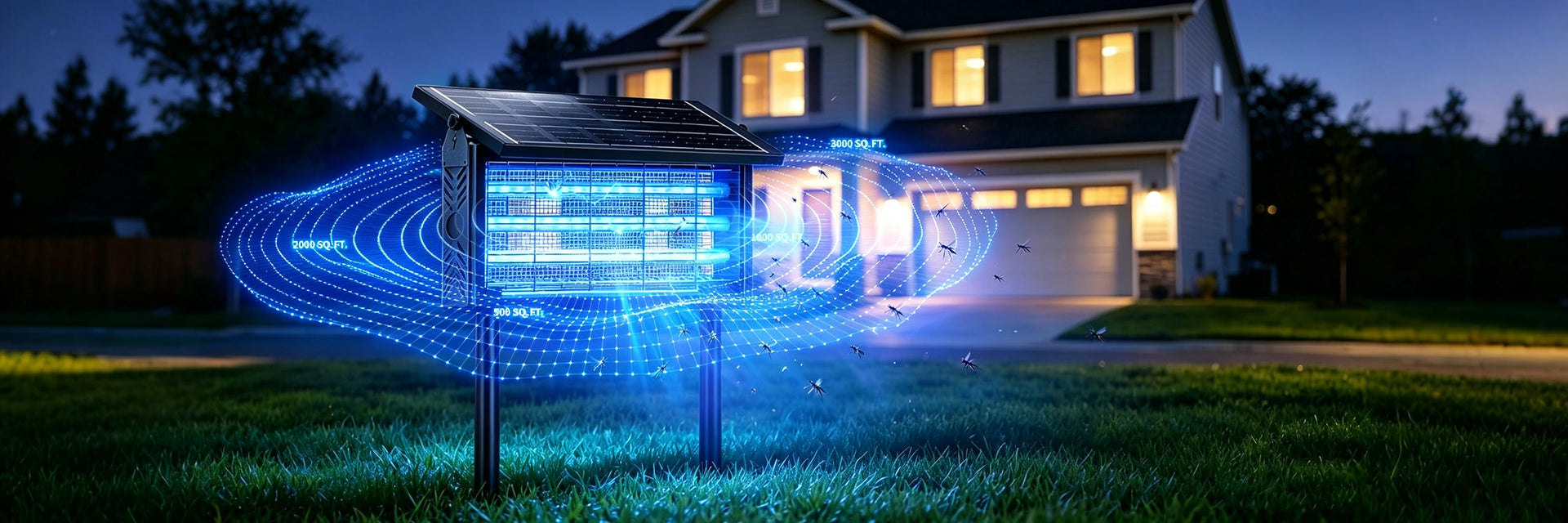 Solar mosquito lamp showing ultra wide UV attraction radius covering large outdoor garden area for night insect control
