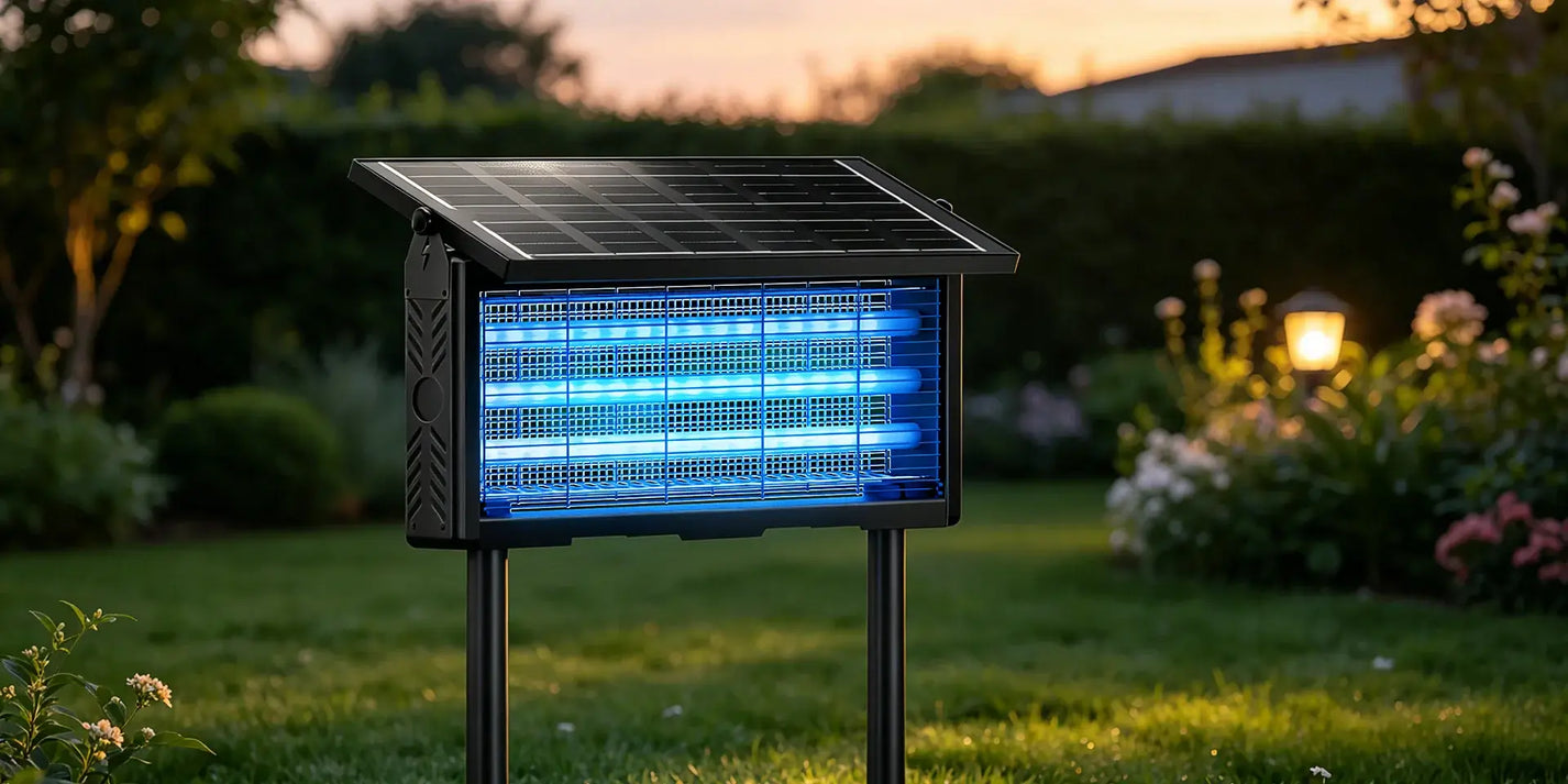 Solar-powered UV mosquito zapper glowing blue in backyard at night during two-week testing period