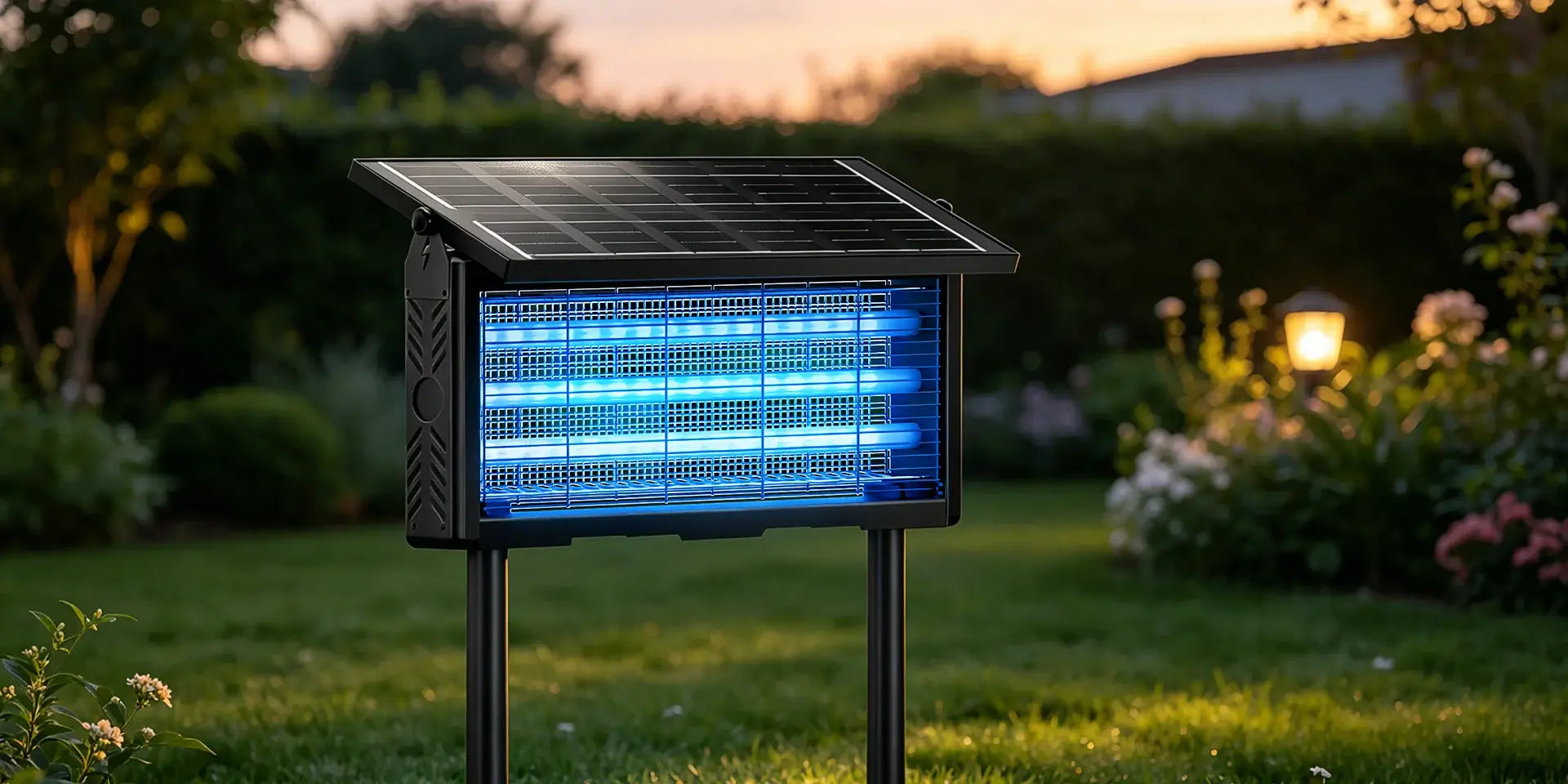 Solar-powered UV mosquito zapper glowing blue in backyard at night during two-week testing period