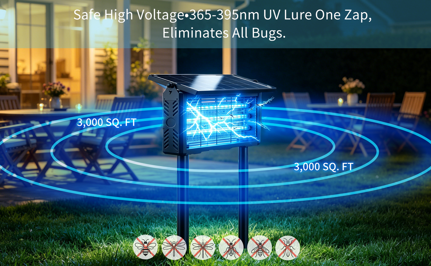 UV mosquito zapper on lawn showing 3,000 sq ft coverage radius with concentric blue rings