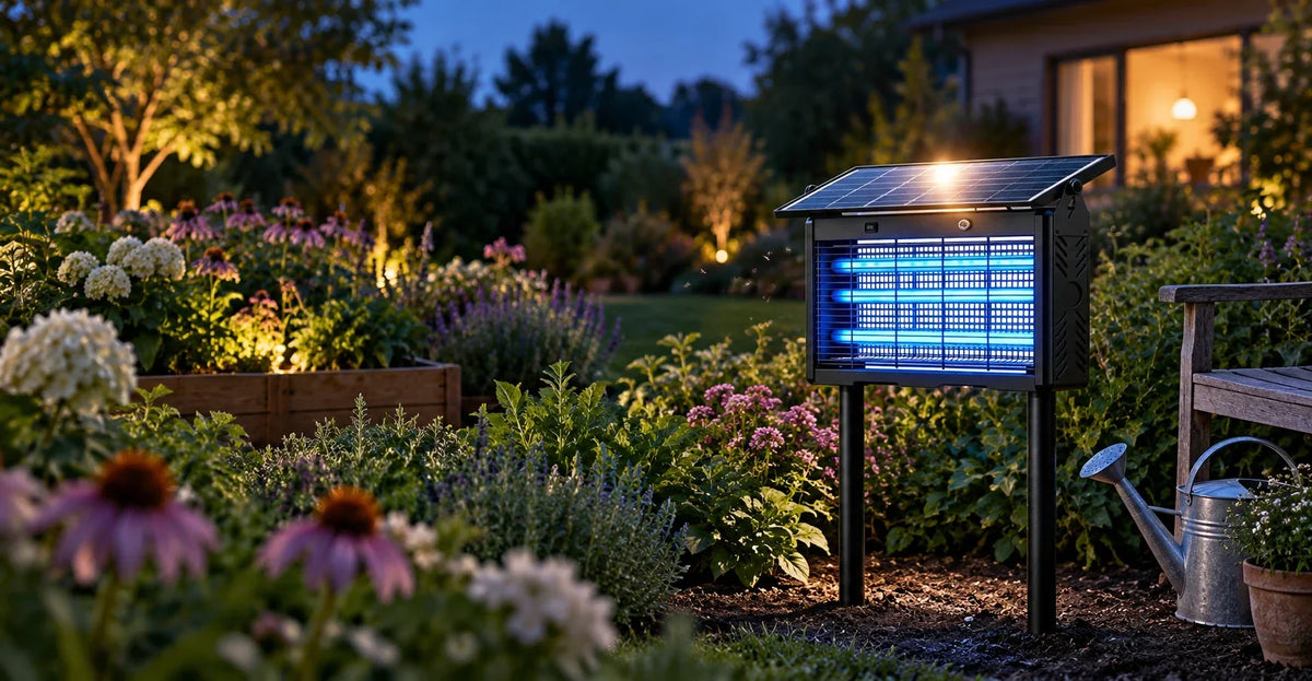 Solar bug zapper placed at the edge of a backyard flower garden at dusk