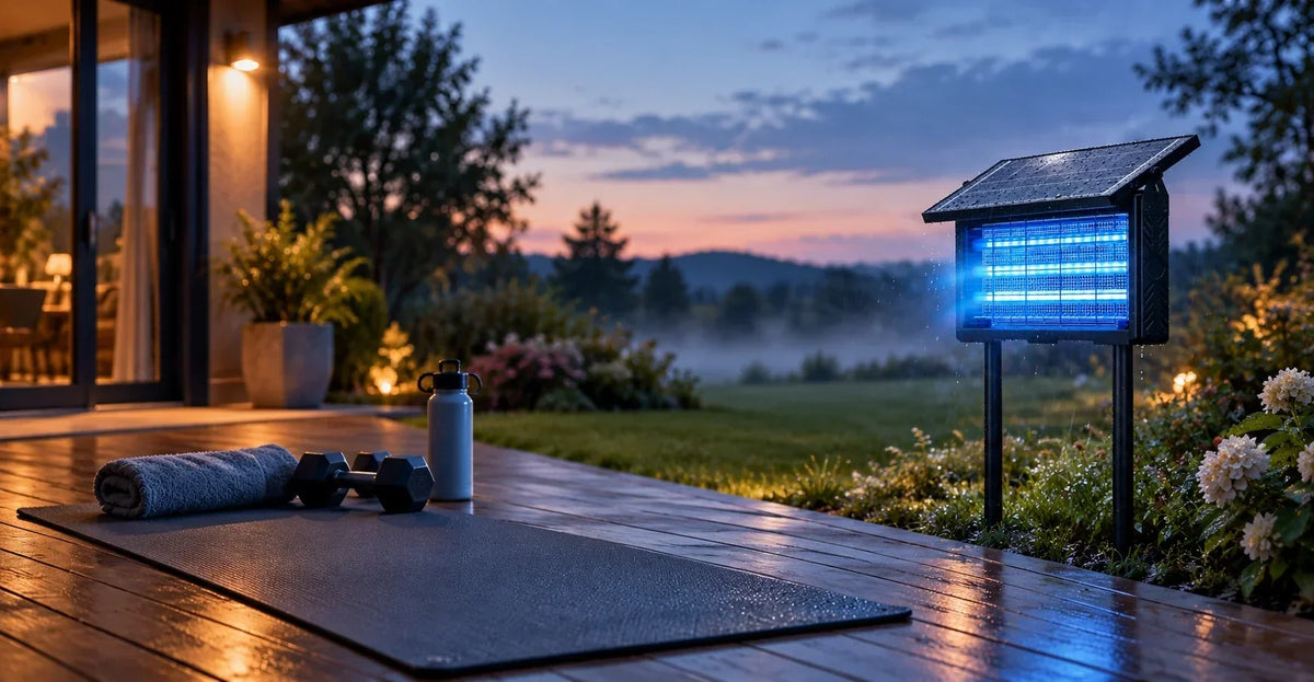 Solar bug zapper set up beside an outdoor yoga mat at dawn on a wooden deck