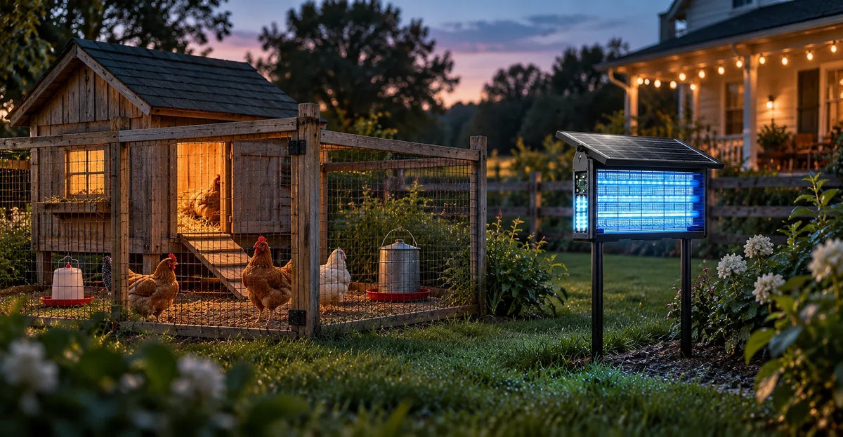 Solar bug zapper placed outside a backyard chicken coop and run at dusk