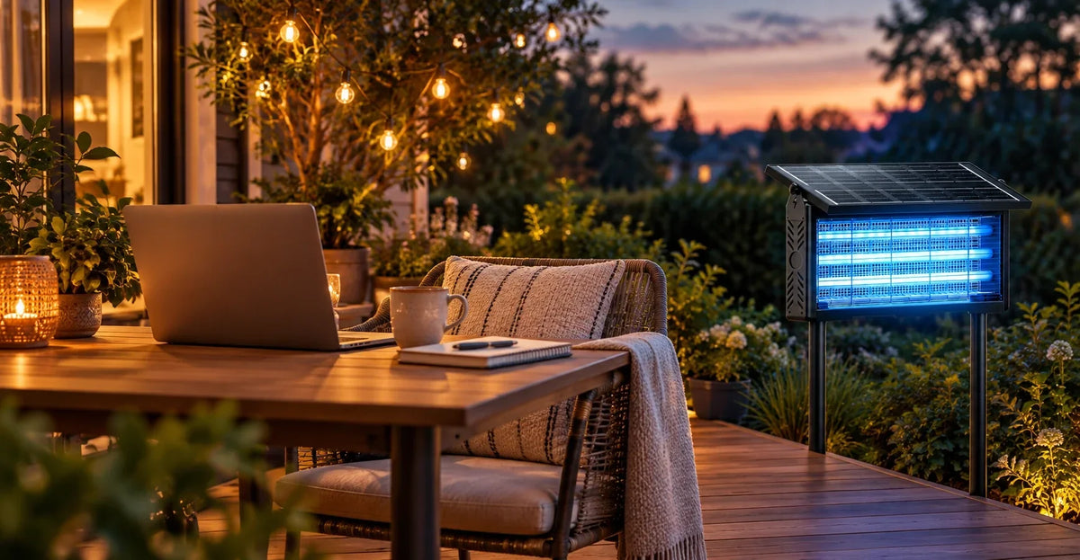 Solar bug zapper beside an outdoor home office desk with a laptop on a wooden deck