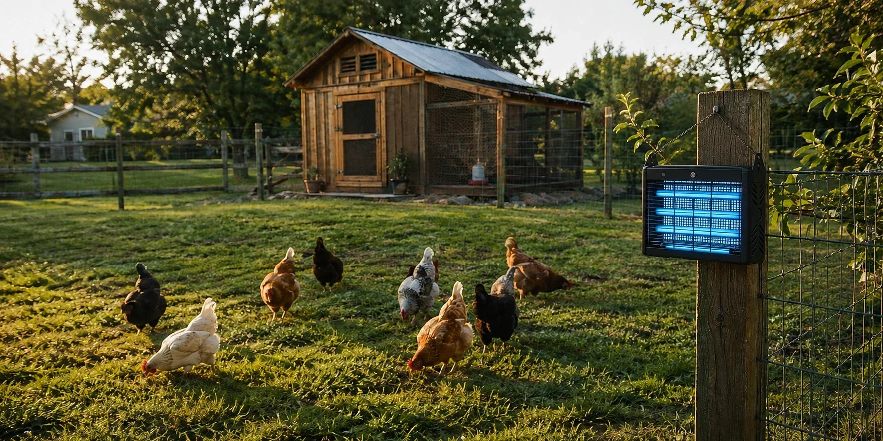 Chicken coop mosquito control using an outdoor bug zapper.