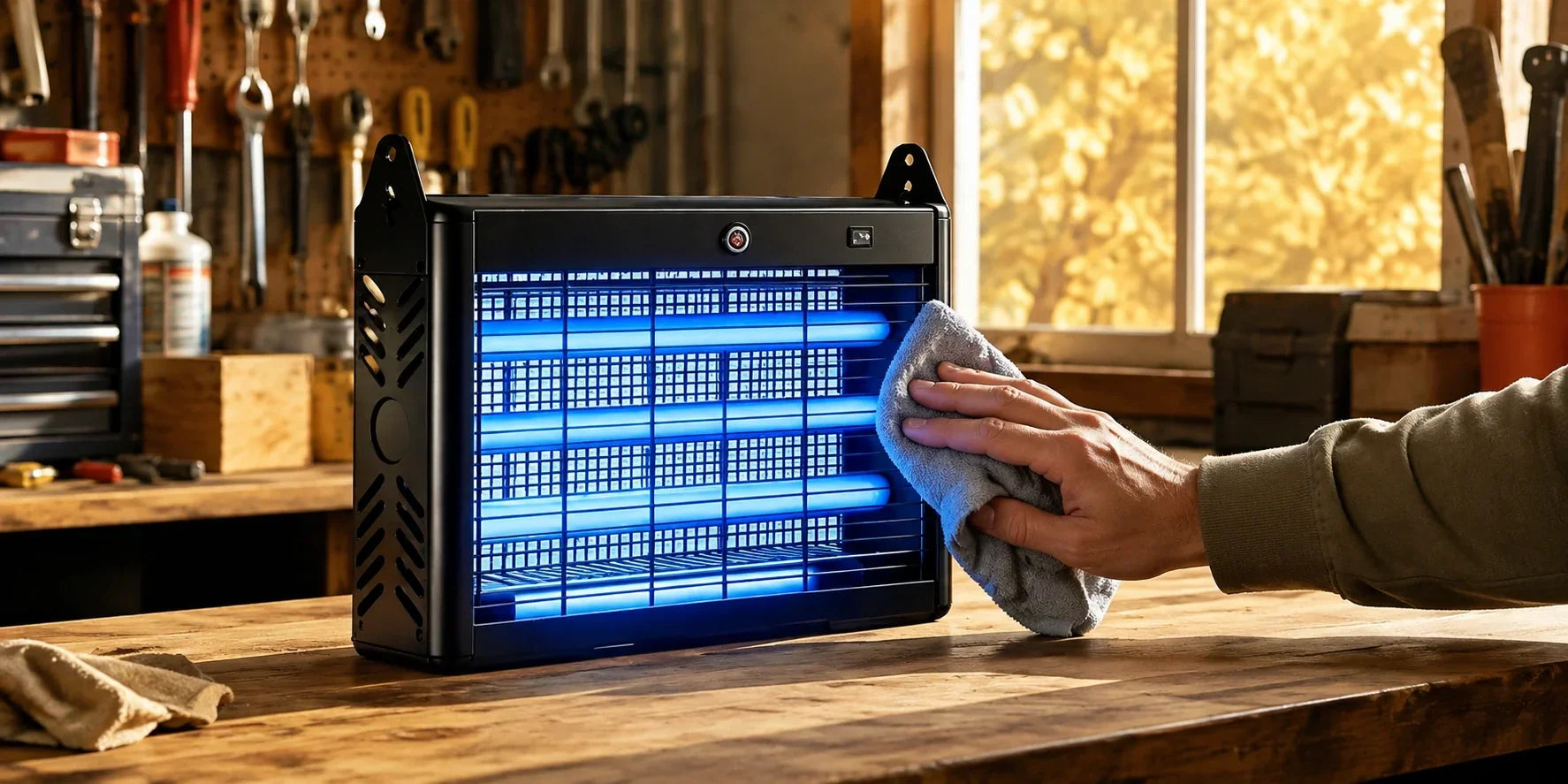 Cleaning and preparing a bug zapper for off-season storage.