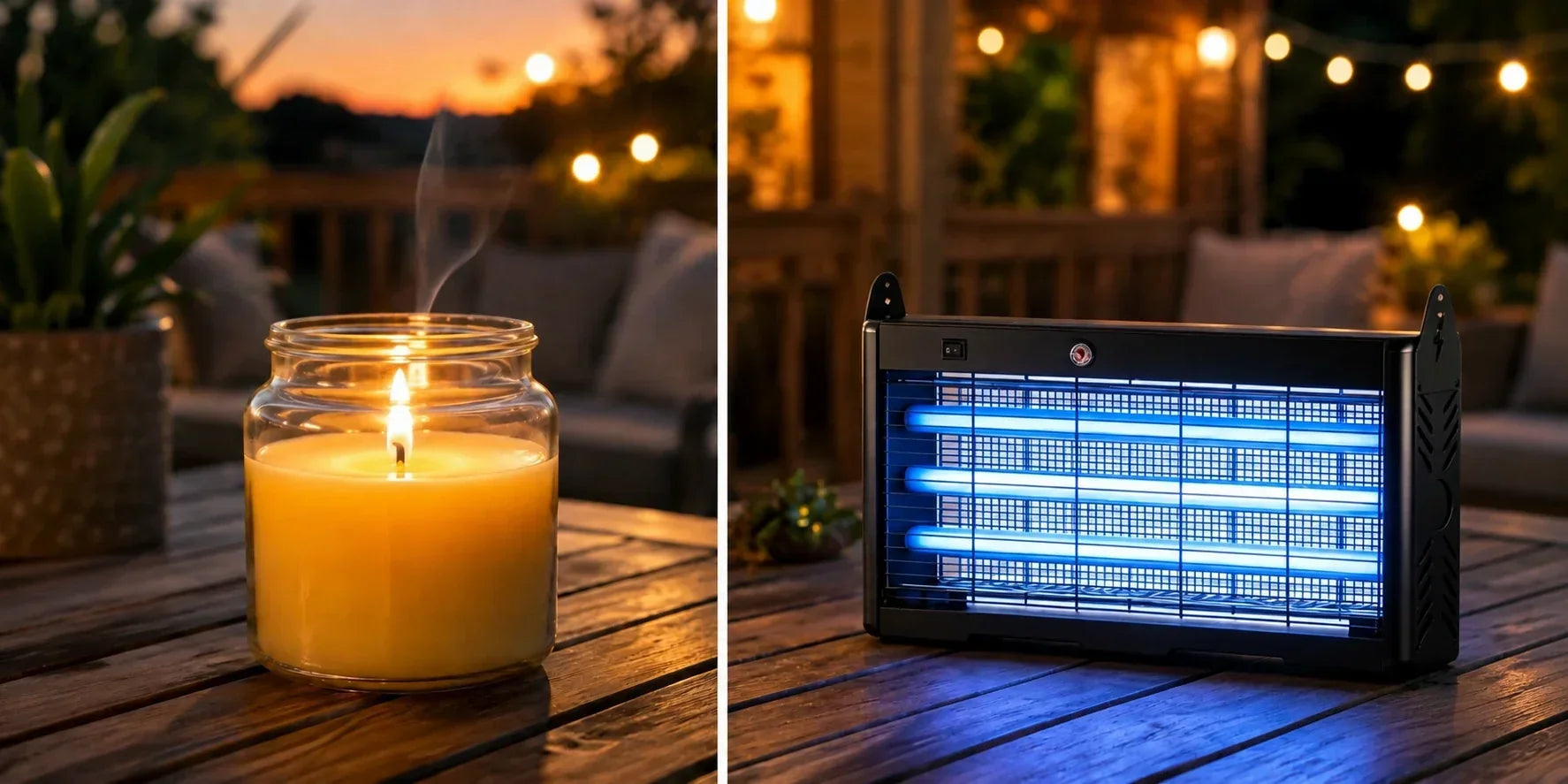 Comparing citronella candles and bug zappers for mosquito control.