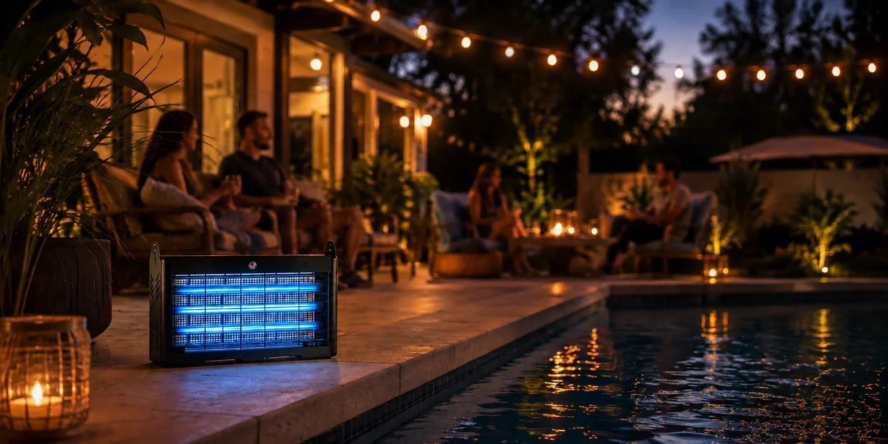Outdoor mosquito zapper beside a backyard pool at night.