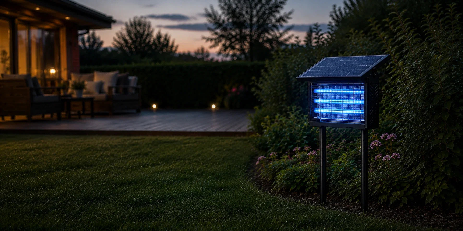 Solar mosquito trap glowing blue in a backyard garden at dusk near shrubs and lawn.