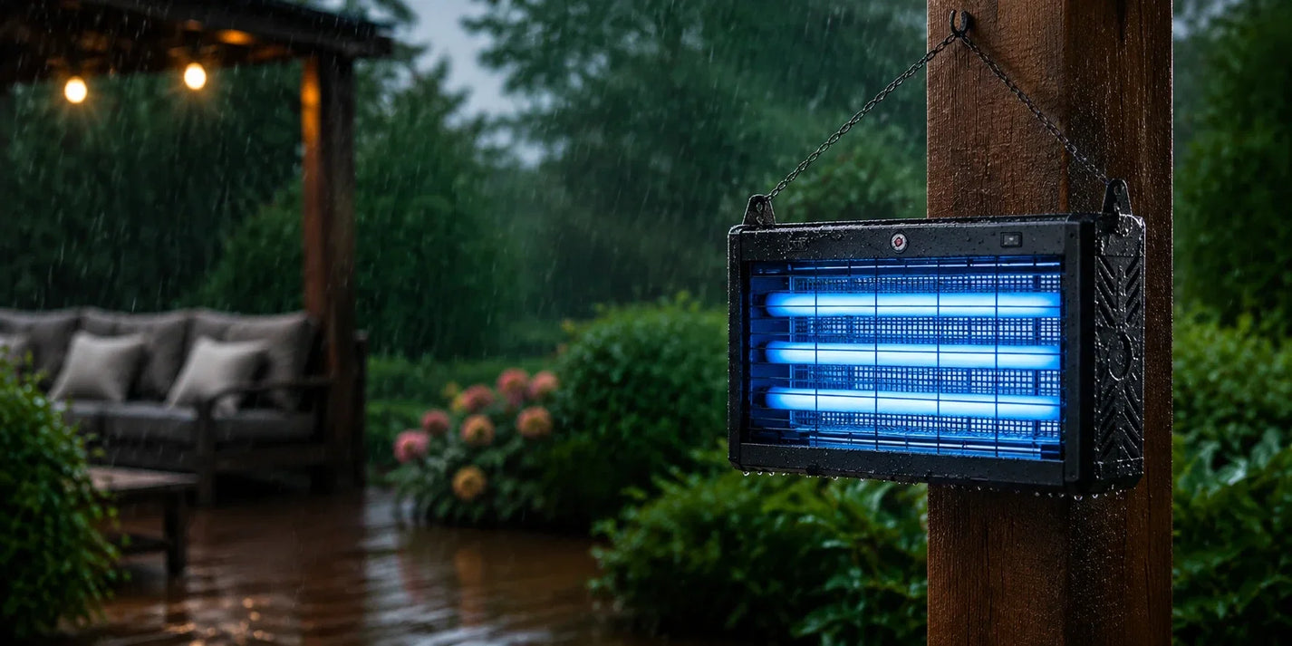 Waterproof mosquito zapper glowing on a porch in the rain.