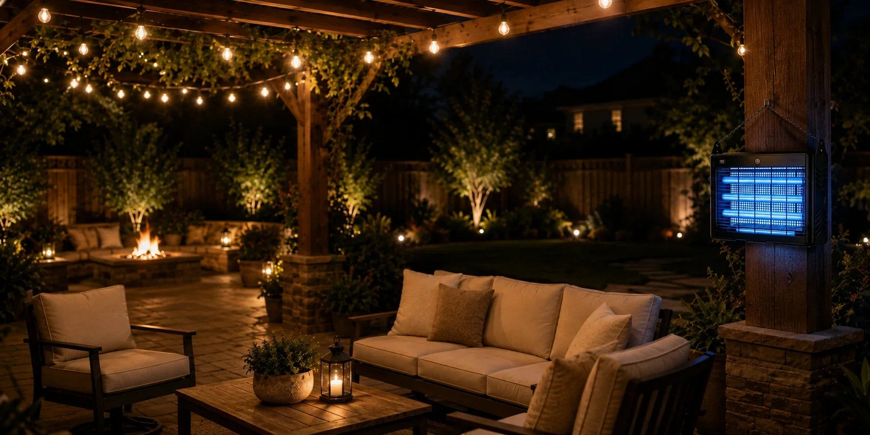 Murutoi solar bug zapper hanging in a backyard patio at dusk