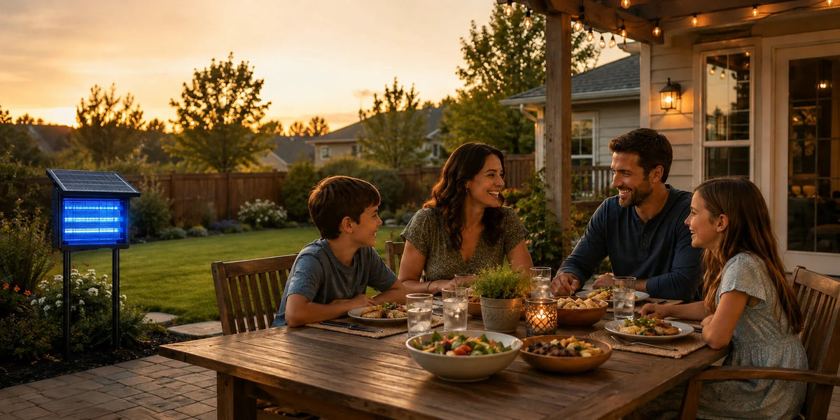 Family enjoying a mosquito free backyard dinner with a solar mosquito zapper glowing nearby at dusk