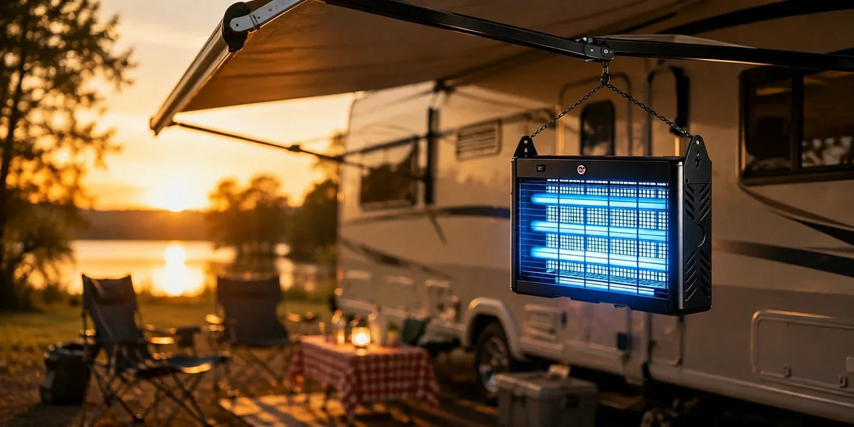 Black mosquito zapper hanging beside an RV at sunset.