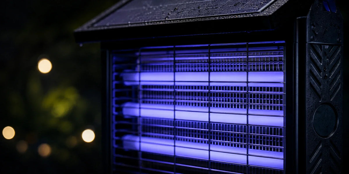Black solar mosquito zapper glowing blue at night.