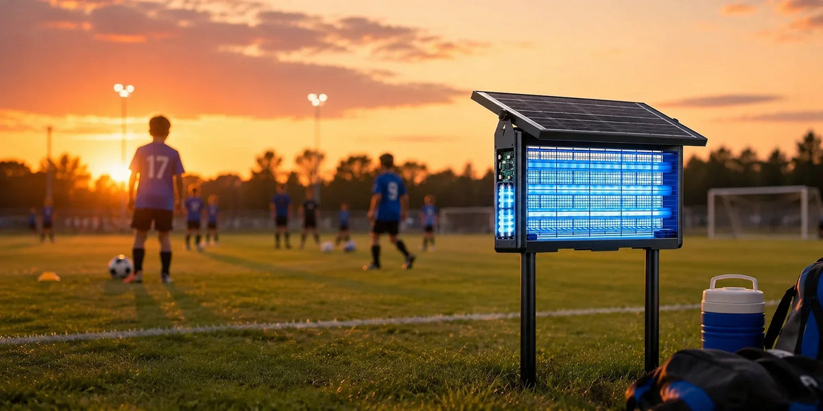 Solar mosquito zapper with a blue UV light and solar panel standing beside a youth soccer field at sunset, with players practicing in the background.