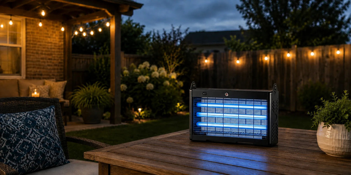 Solar-powered bug zapper on a patio table under an overcast, cloudy sky
