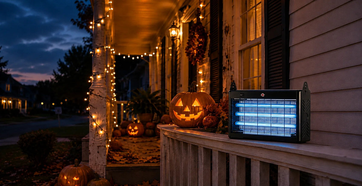 Solar bug zapper on a Halloween-decorated porch with pumpkins and string lights at dusk