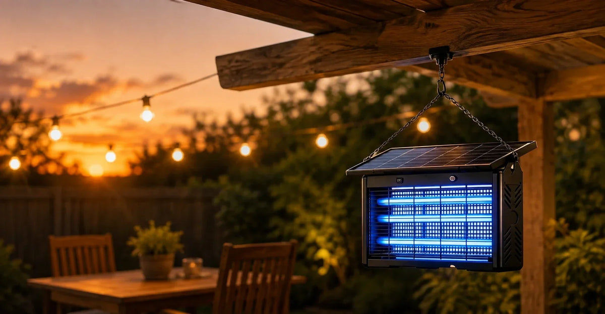 Solar-powered Murutoi bug zapper hanging on a backyard patio at dusk, ready for evening use.