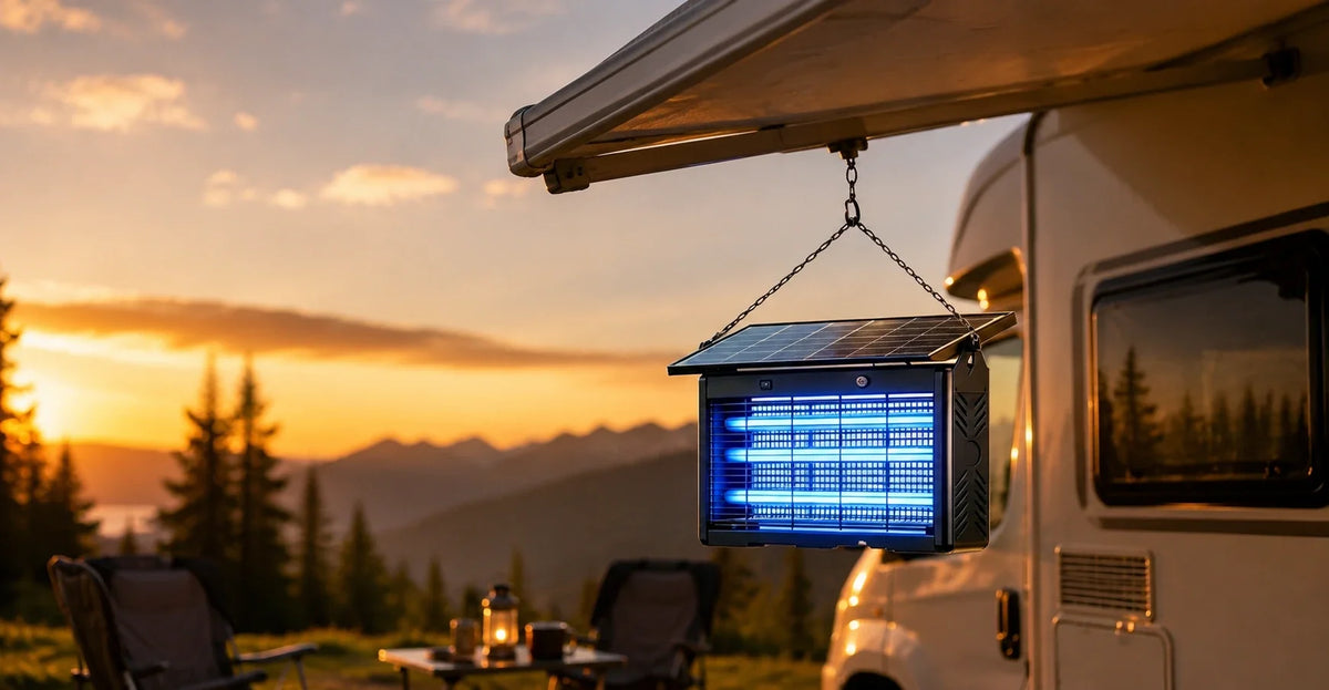 Solar-powered Murutoi bug zapper hanging from an RV awning at a campsite during van life travel.