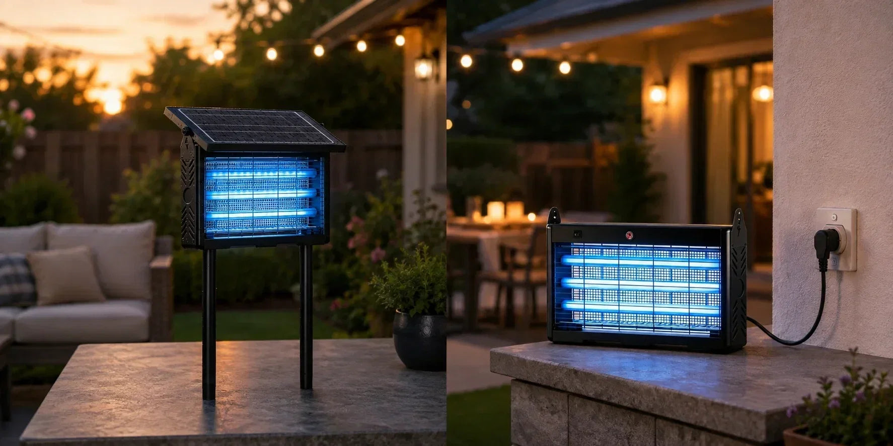 Comparing solar and plug-in bug zappers for outdoor mosquito control.