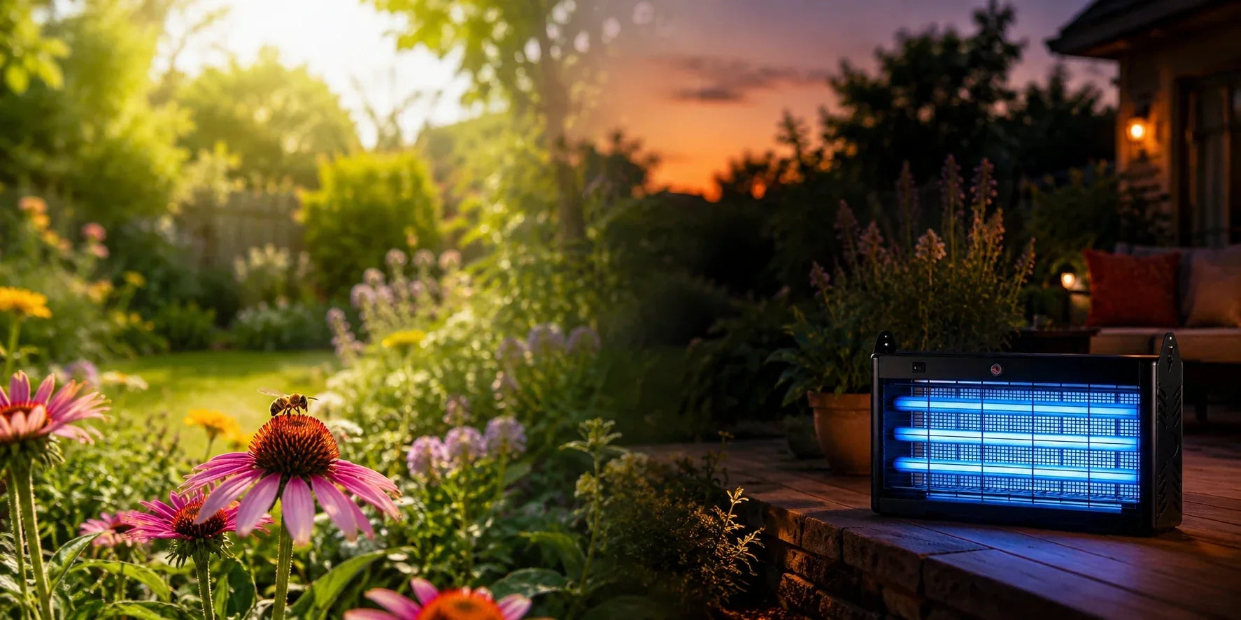Bug zapper in a garden setting with focus on insect-friendly mosquito control.