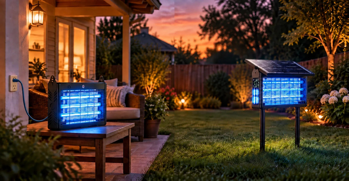 Cordless solar bug zapper next to a corded plug-in zapper outdoors